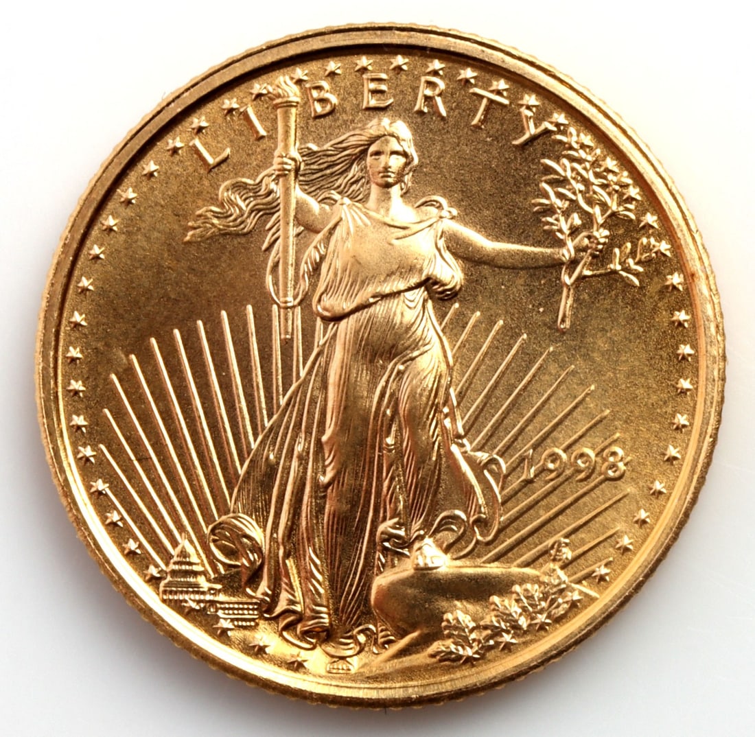 1998 GOLD 1/10 OZT OUNCE AMERICAN EAGLE BU COIN: Brilliant uncirculated. This lot reserves at melt.