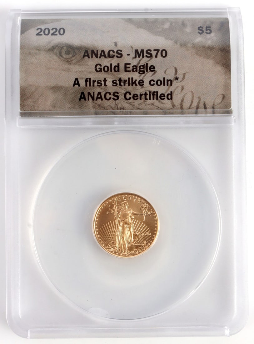 2020 GOLD 1/10 OZT AMERICAN EAGLE COIN ANACS MS70: ANACS Encapsulated MS70 First Strike. This lot reserves at melt.