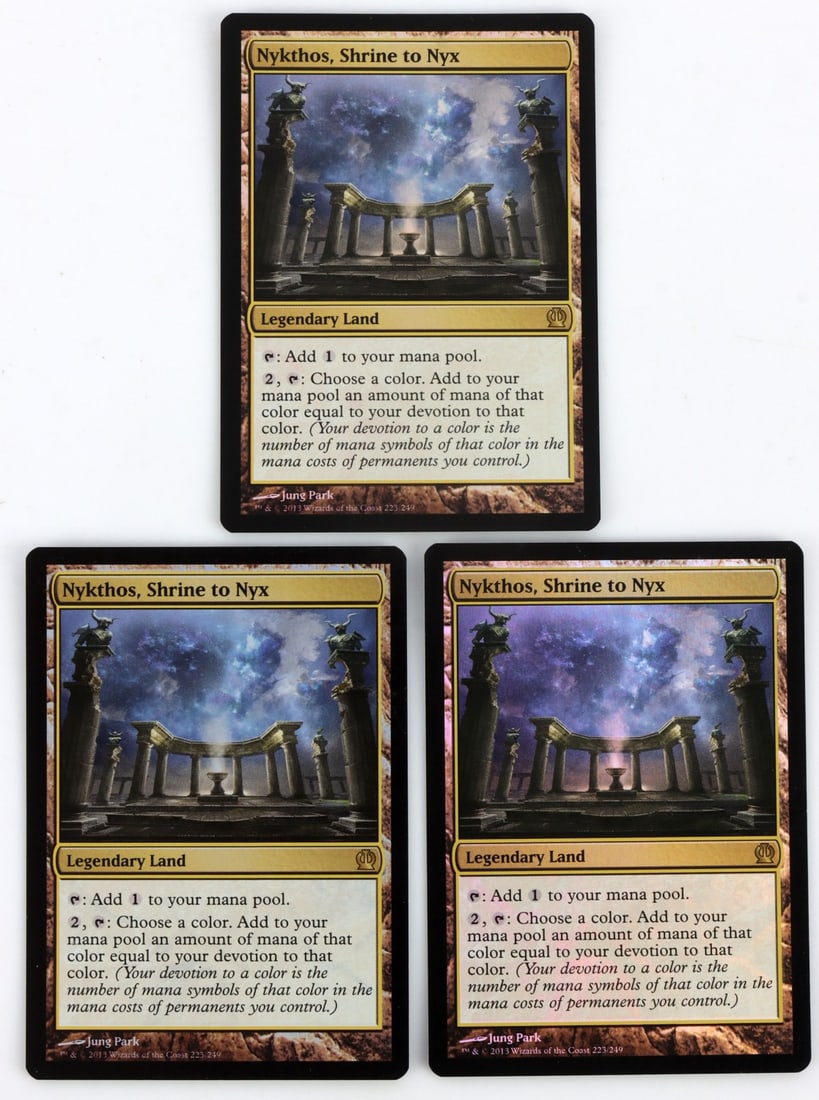 3 NYKTHOS SHRINE TO NIX MAGIC THE GATHERING FOIL: Lot of THREE (3) copies of Nikthos, Shrine to Nyx, from the Theros set of Magic the Gathering by Wizards of the Coast. Foil. Passes the light test and possesses the Wizards of the Coast four red dot w