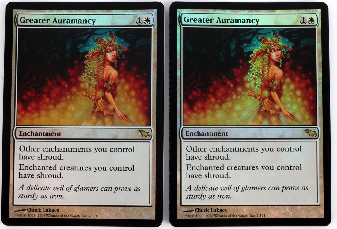 LOT 2 GREATER AURAMANCY MAGIC THE GATHERING FOIL: Lot of TWO (2) copies of Greater Auramancy from the Shadowmoor set of Magic Gathering by Wizards of the Coast. Foil. Passes the light test and possesses the Wizards of the Coast four red dot watermark