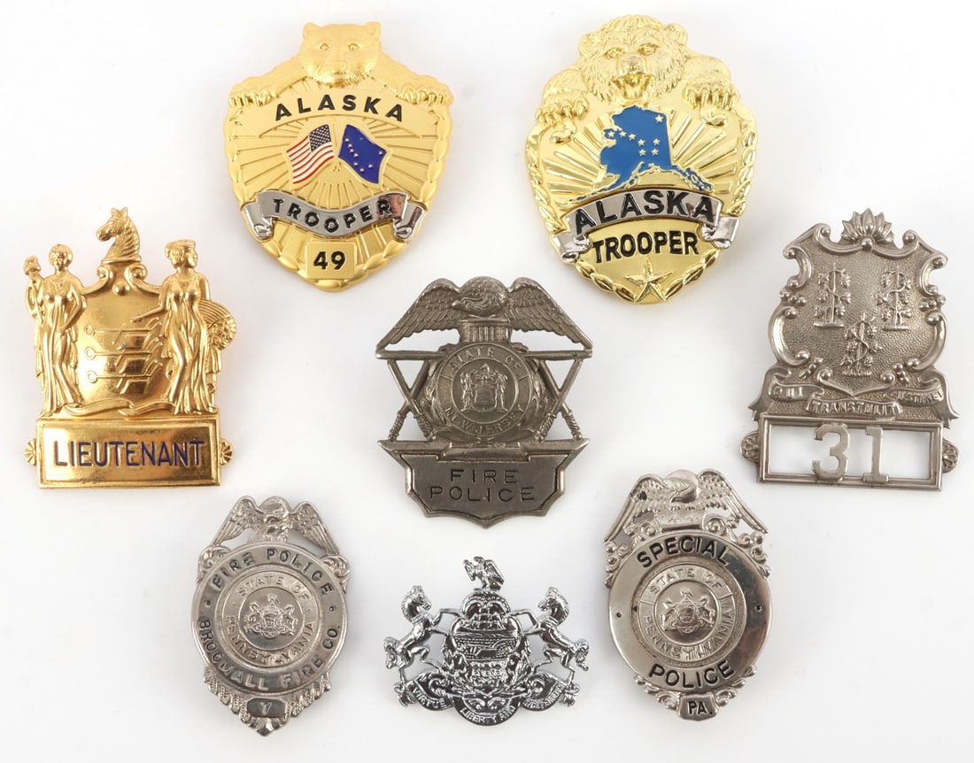 LOT 8 OBSOLETE POLICE & FIRE FIGHTER CAP & BADGES: Lot of EIGHT (8). Includes two (2) Alaska. All sold "as is." 50 To 80 mm.