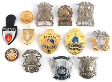 12 OBSOLETE POLICE & MILITARY CAP & BADGE LOT