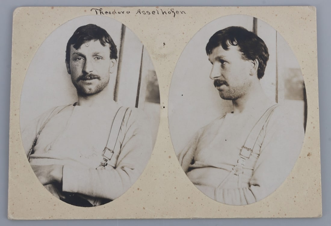 1903 CRIPPLE CREEK CRIMINAL SHERIFF MUGSHOT FORM: Cripple Creek, Colorado Sheriff's Criminal Description Form document dated March 9, 1903. Records crime of assault by Theodore Asselhofen, a blacksmith, with front and side view photographs. Likely co