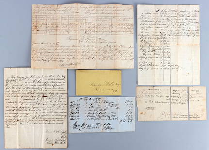 1843 HANDWRITTEN REPORT CARD & TEACHER'S PAPERS DS: Lot of FIVE (5) pieces. Handwritten report card, class plan and student roster, contract, tax receipt, and goods receipt. All associated with the White and Herndon families of Greene County, Virginia.