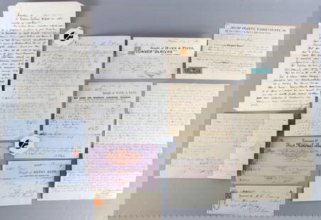 LOT OF 12 1860S BILLS & DEEDS BOSTON PHILADELPHIA: Lot of TWELVE (12) documents ca. 1860. Includes partially printed receipts and bills for assorted goods, three deeds or contracts and an Indiana court summons. Very good condition.