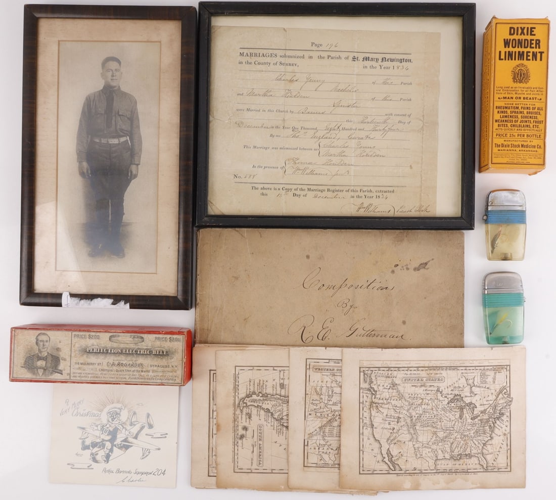 LOT GOODRICH MAP GUTTERMAN COMPOSITION MORE: Music composition by R.E. Gutterman, Louisville Ky., all hand written, New old stock boxes Perfection Electric belt, Dixie Wonder Liniment, both are box only, 15 S.G. Goodrich maps of Northeast states