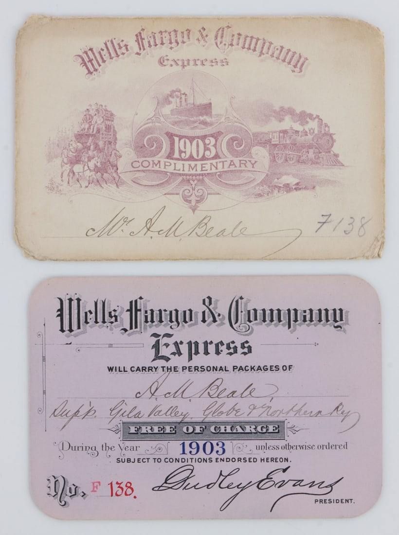 WELLS FARGO 1903 COMPLIMENTARY ANNUAL PASS: 1903 Wells Fargo & Company Express Complimentary package transport annual pass with envelope. Issued to a Mr. A. M. Beale, superintendent of the Gila Valley, Globe & Northern Railway. Very good condit