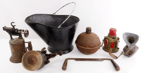 ANTIQUE TOOL LOT TRAIN LAMP ROAD TORCH COAL BUCKET