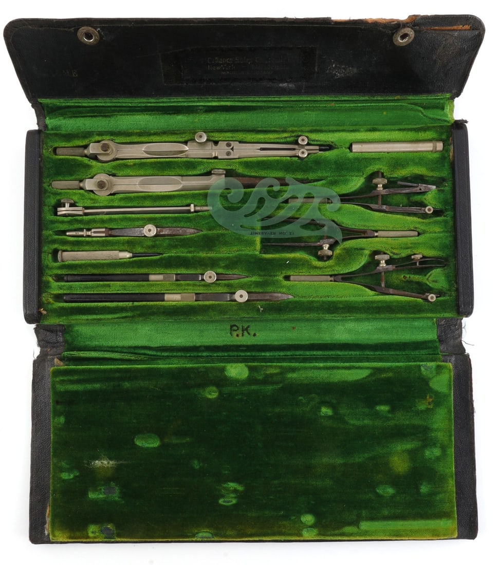 GERMAN DEFIANCE CO. CASED DRAFTING TOOL SET: Cased set of ELEVEN (11) drafting tools marked "Defiance Co. - Germany." Folding case with fitted compartments lined in green velvet. Good condition. Points are sharp. Some oxidation present.