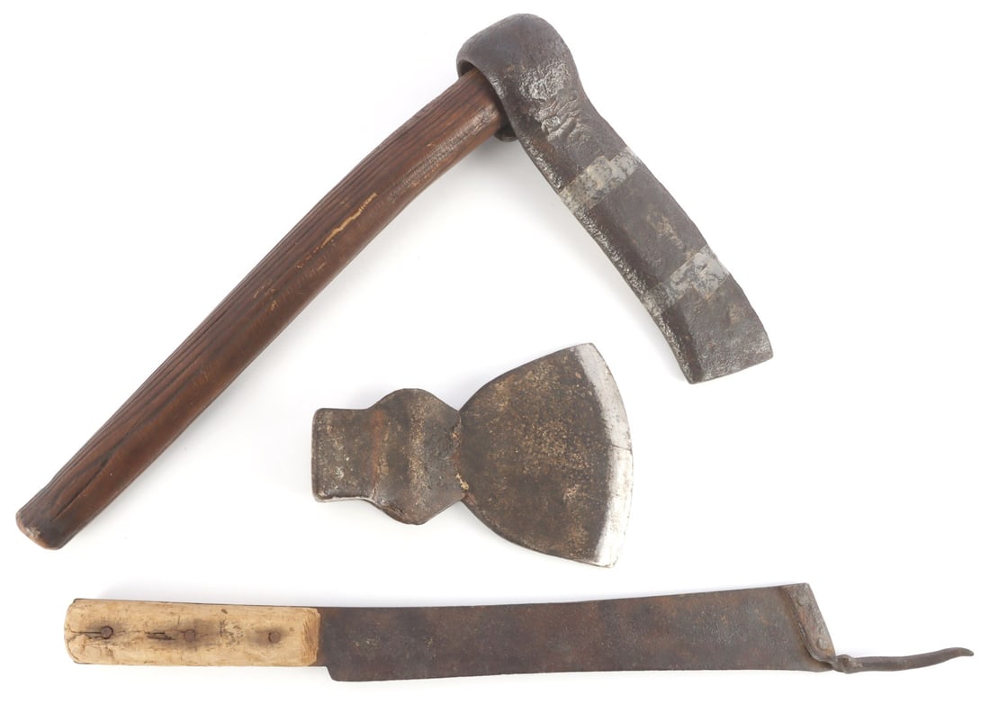 PRIMITIVE TOOL LOT AX HEAD SHAVER KNIFE: Lot as photographed. Good, original condition.