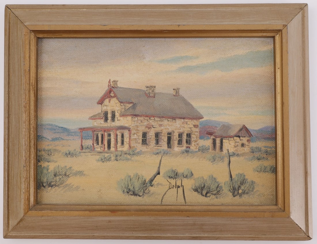 MARIE DOROTHY DOLPH MINIATURE PAINTING HOMESTEAD: Miniature painting from Marie Dorothy Dolph (1884-1979), an American painter known equally for her Western landscapes and being one of the first commercially successful women artists. Dolph's painting