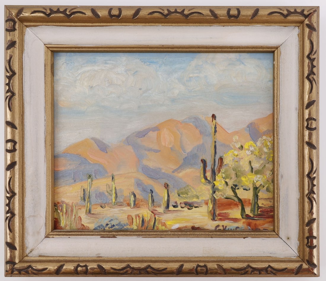 GRACE VAN SCIVER MINIATURE PAINTING DESERT SCENE: Miniature painting by Western artist Grace Van Sciver, depicting a desert scene. This is a relatively small painting, with strong impressionist influence. 7.25 X 6.25 inches. Very good, original condi