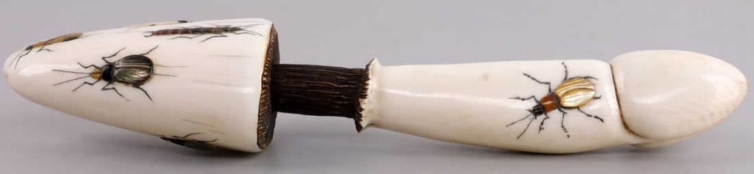 SHIBAYAMA OKIMONO PHALLIC MUSHROOM: Japanese Meiji period polished ivory carving with mother of pearl inlaid insects. Stem is in the shape of a penis. No international shipping. Over 100 years old It measures 6 inches. This lot has a re