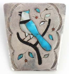 SILVER BLUE JAY BOLO SHIELD WITH CORAL & TURQUOISE