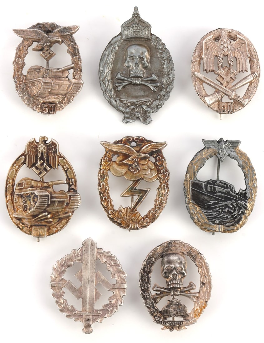LOT OF 8 WWII GERMAN THIRD REICH BADGES: Lot of EIGHT (8) badges of the Third Reich. 1) Infantry Assault badge. 2) Panzer Assault badge. 3) Panzer Assault badge. 4) S-Boat badge. 5) Ground Assault badge. 6) SA sports badge. 7) WWI storm troo
