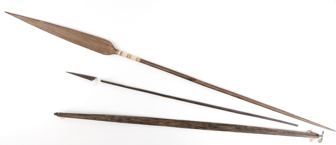 DECORATIVE PRIMITIVE WOODEN WEAPONS FOR DISPLAY: Set of THREE (3) primitive-style weapons made of stained wood. 1) An arrow, 35.5 inches. 2) A bow, 39.25 inches (theoretically, has the pull to launch the arrow.) 3) A spear, 53 inches. The spear appe