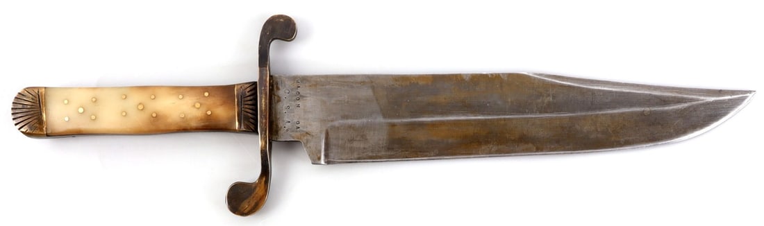 CONFEDERATE ATTRIBUTED BOWIE KNIFE: Marked Macon GA, CSA, and WJ Mcelroy 1861. Handle is horn. It measures 15 1/4 inches. Very good condition. Unauthenticated, sold as is.