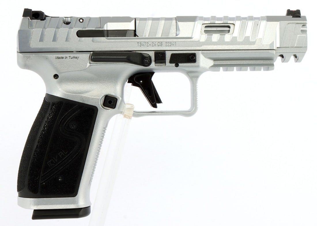 CANIK SFX RIVAL-S 9MM ALL STEEL OPTIC READY PISTOL: New in box. Canik SFx Rival-S semi-automatic competition pistol. Chrome finish steel frame and slide. Includes two (2) 18-round magazines, holster, backstrap options, flared magwell, aluminum magazine