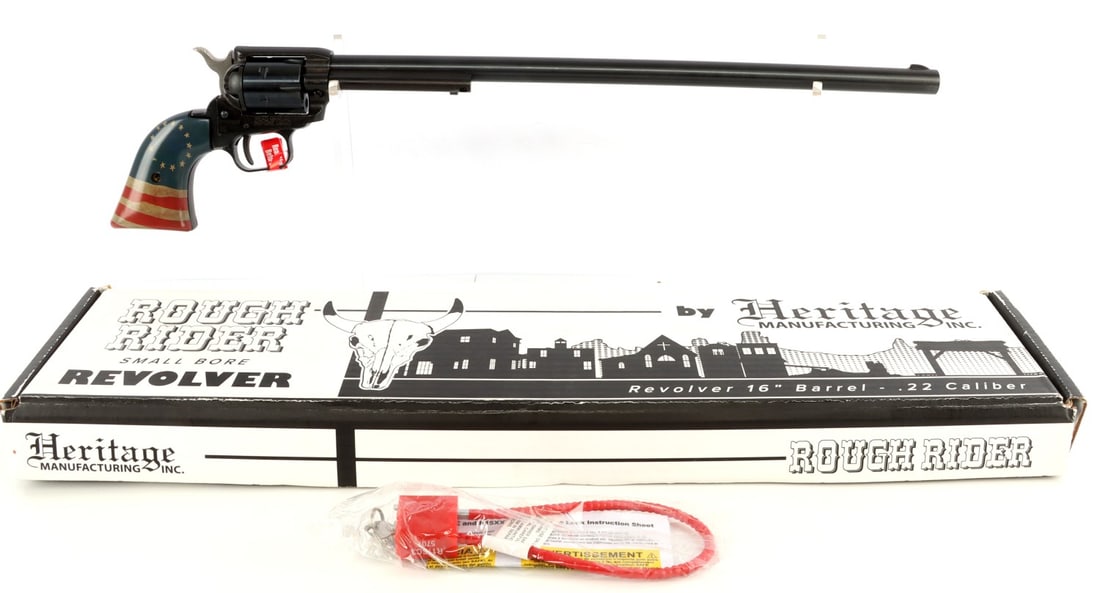 HERITAGE ROUGH RIDER BETSY ROSS 22 LR REVOLVER NIB: New in box. Heritage Manufacturing Rough Rider single-action revolver, Honoring Betsy Ross edition. 16-inch barrel. Betsy Ross Flag grips. Blued steel finish. FFL required for transfer. No internation