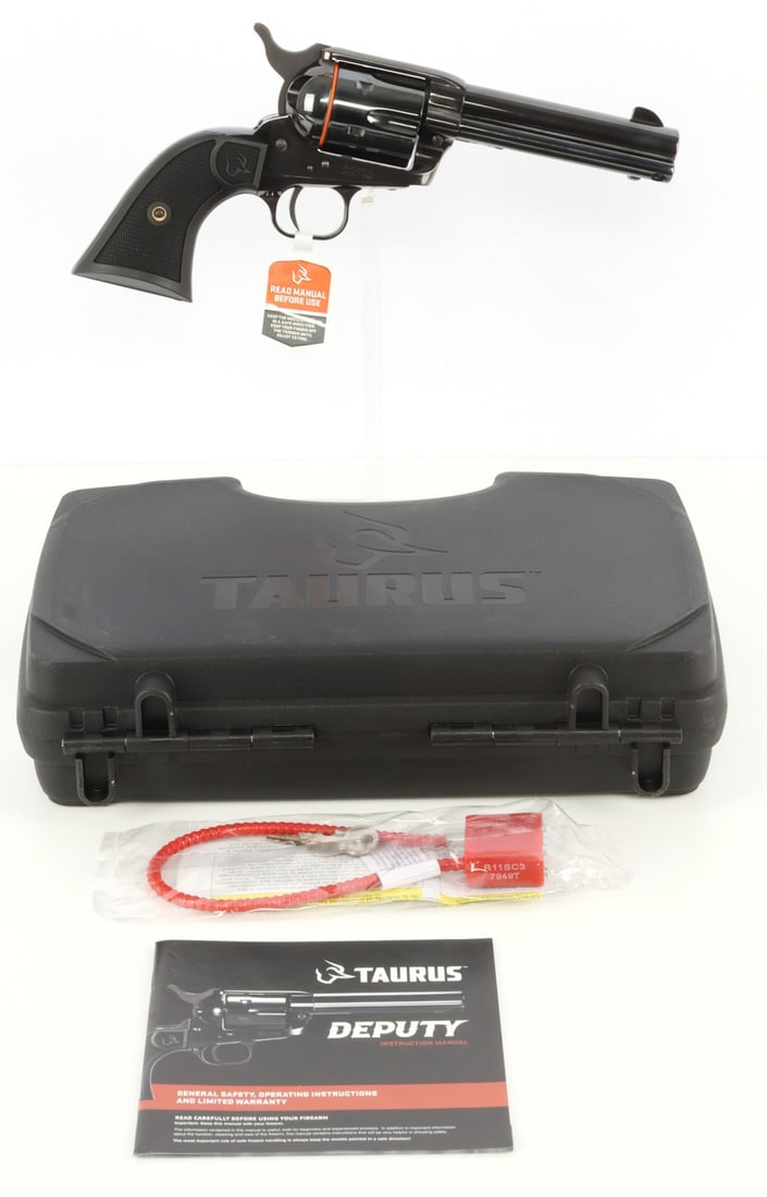 TAURUS DEPUTY .45 COLT SINGLE ACTION REVOLVER NIB: New in box. Taurus Deputy single-action revolver. Barrel length 4-3/4 inches. 6-round capacity. High-polish, blued finish. Transfer bar allows for safe carry with a round under the hammer. FFL require