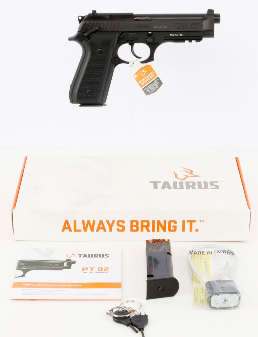 TAURUS PT92 9MM M9A1 PATTERN DA/SA PISTOL NIB: New in box. Taurus PT92 semi-automatic DA/SA pistol patterned on the Beretta M9A1. Anodized alloy frame with ambidextrous safety/decocker and accessory rail. Includes two (2) 17-round magazines. FFL r