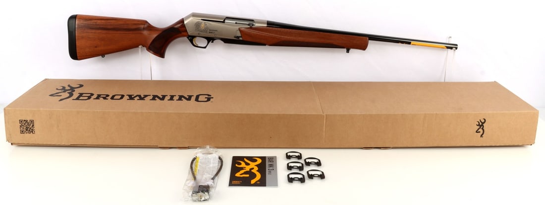 BROWNING BAR MK 3 HUNTER 30-06 SEMI AUTO RIFLE NIB: New in box. Browning BAR MK 3 Hunter semi-automatic rifle. 22-inch blued barrel, checkered walnut stock, Inflex recoil pad and engraved matte nickel receiver drilled/tapped for scope. FFL required for