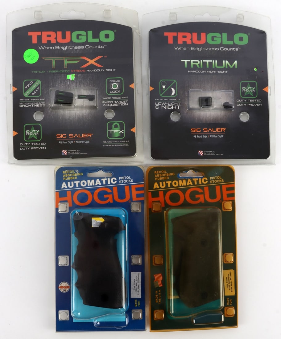 LOT OF 4 SIG SAUER P220 TRUGLO SIGHTS HOGUE GRIPS: Lot of FOUR (4) pieces NOS Sig Sauer P Series accessories. Includes TruGlo Tritium night sights (Model TG231S1, #8 front, #8 rear), TruGlo TFX Tritium-fiber optic night sights (TG13SG2A, #6 front, #8 