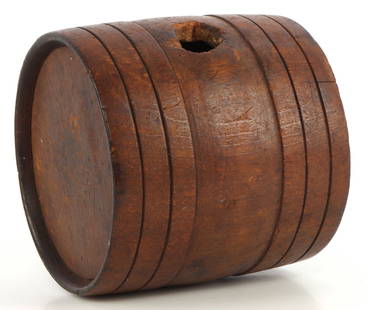 REVOLUTIONARY WAR WOOD RUNDLET CANTEEN: 3.75 inches long, 10 inches around middle. Mini barrel Rundlet canteen. Period: Revolutionary War/1812