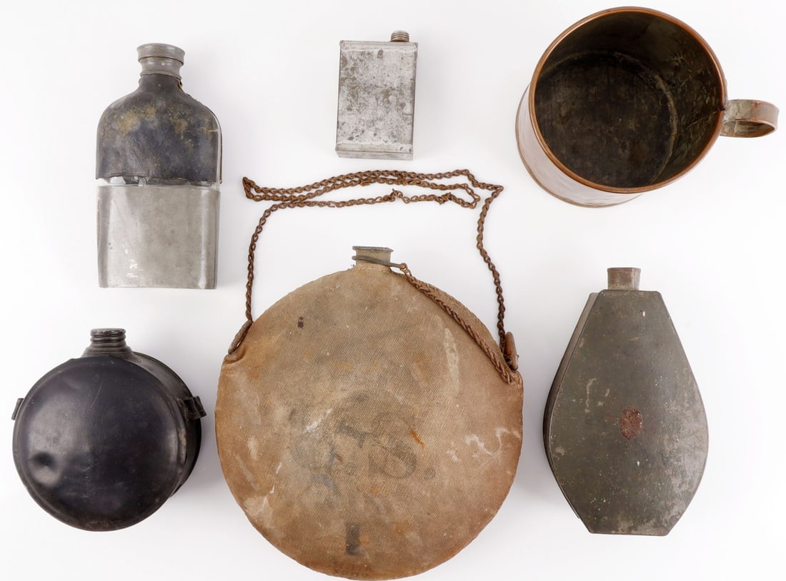 LOT 6 U.S. CIVIL WAR PERIOD CANTEEN CUP & FLASKS: Lot of SIX (6). Each comes with detailed description from ex-dealer. Condition, size and pertinent details. This lot has a reserve.