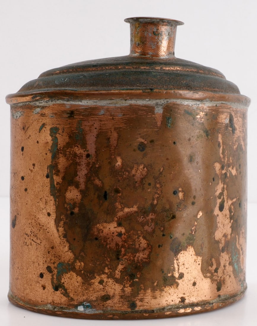 REVOLUTIONARY WAR SOLDERED COPPER FLASK: Has detailed description by ex-dealer expert, measures 3 x 3 1/2 inches. Probable officer drinking flask or perhaps powder.