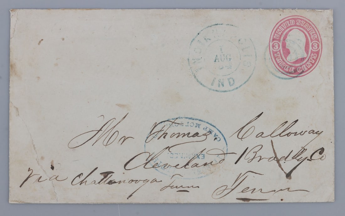 CIVIL WAR CSA POW POSTAL COVER CAMP MORTON INDIANA: POW cover to Tennessee. US 3¢ entire #U34 canceled. Blue target & double line "Indianapolis, Ind. 1 Aug '64" and oval "Prisoners Letter Examined Camp Morton, Ind." also in blue. Mss. "Via Chattanooga