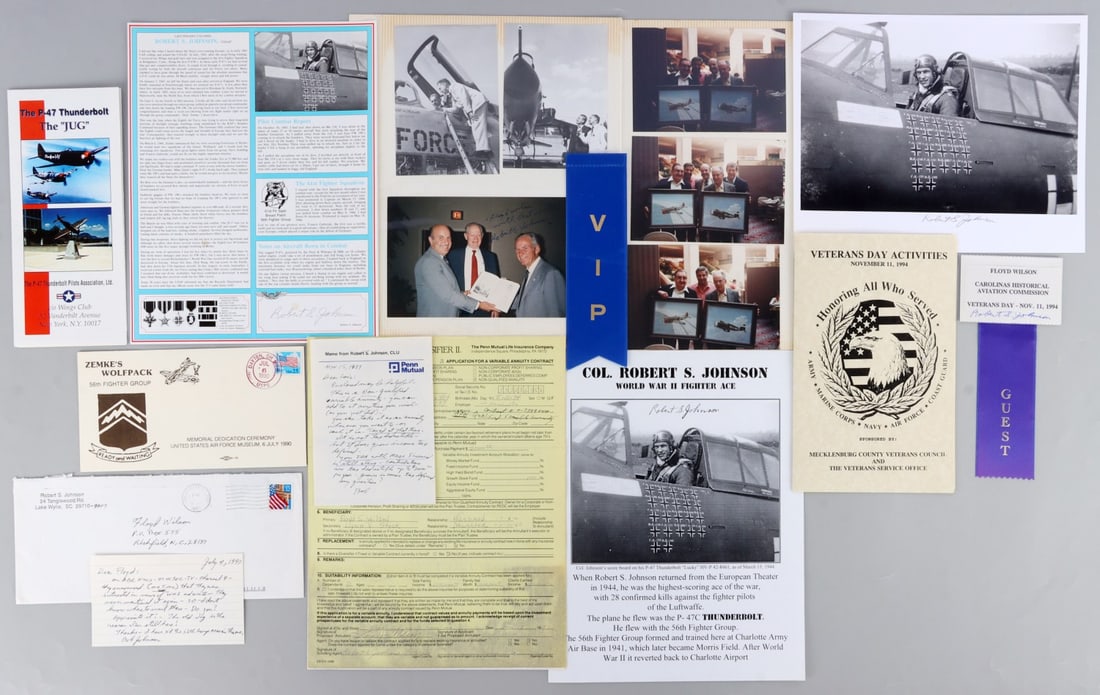 LOT OF 6 WWII ROBERT S. JOHNSON SIGNED ITEMS: Lot of SIX (6) items signed by American ace Robert Johnson, the first American pilot to surpass Eddie Rickenbacker's record from WWI. Very good condition.