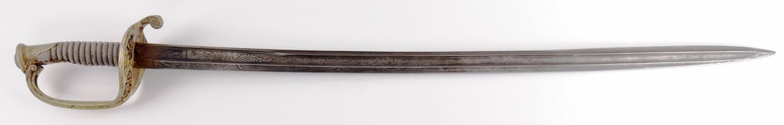 CONFEDERATE HYDE & GOODRICH SABER NEW ORLEANS: An infantry officer's engraved saber from the U.S. Civil War. Confederacy. The maker of this blade, etched onto the back of the blade, is Hyde & Goodrich, the New Orleans-based luxury goods manufactur
