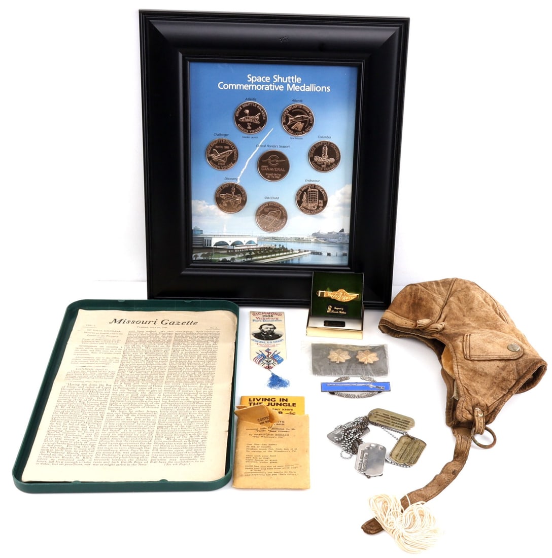 1808 MISSOURI GAZETTE GAR RIBBON STERLING CIB: Also tie bar by Lincoln Wallace, Sta Brite sealed insignia, GAR Vicksburg ribbon, 2 sets of dog tags, Sterling silver Combat Infantry Badge , Space Shuttle Commemnorative Medallions and more
