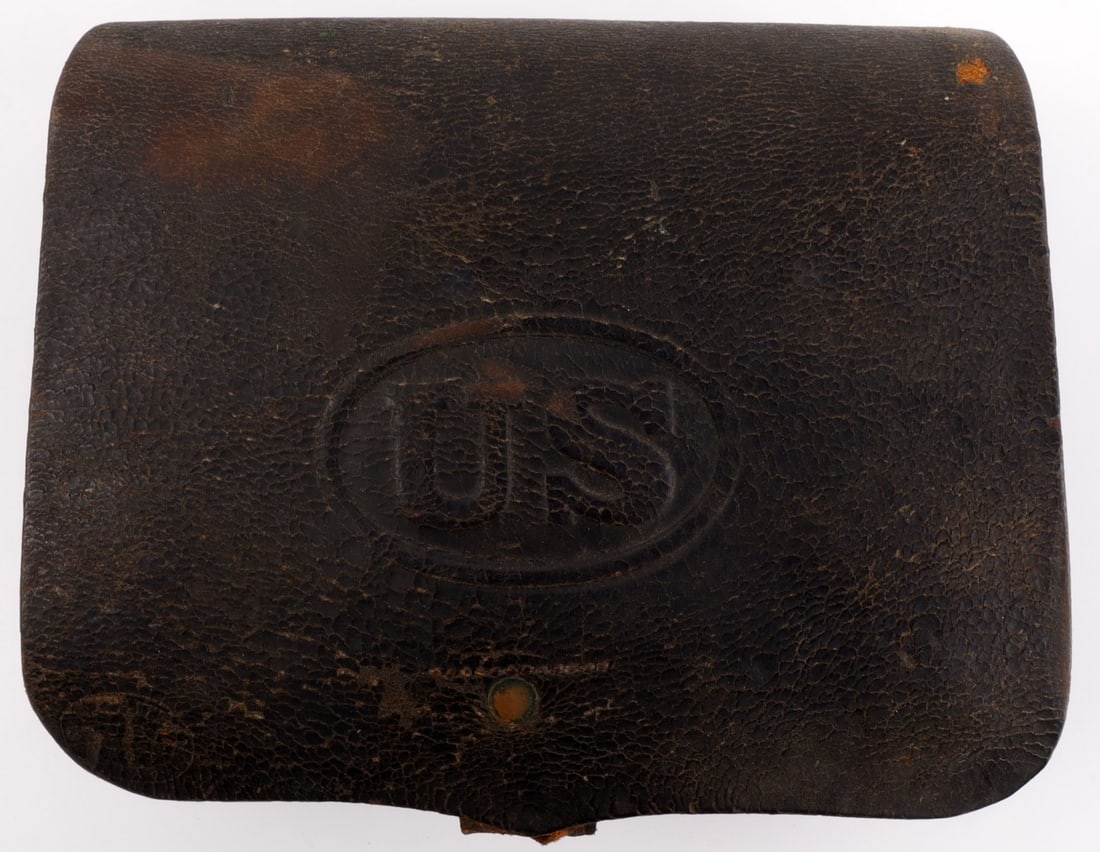 US CIVIL WAR UNION AMMO CARTRIDGE POUCH NAMED: Union ammo pouch from the United States Civil War. 'L. Hoffman Company A 1 Mo.Va.In.' is written on the top of the underside of the flap. This correlates to information available via muster roll, list