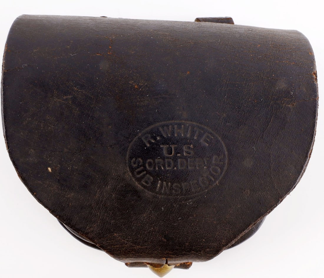 US CIVIL WAR HOFFMAN MARKED R. WHITE STAMPED POUCH: Stamped externally 'R. White U.S. Ord. Dept. Sub Inspector.' Internally marked as belonging to L. Hoffmann, this correlates via muster roll and context to a listing for Leonard Hoffmann as part of the