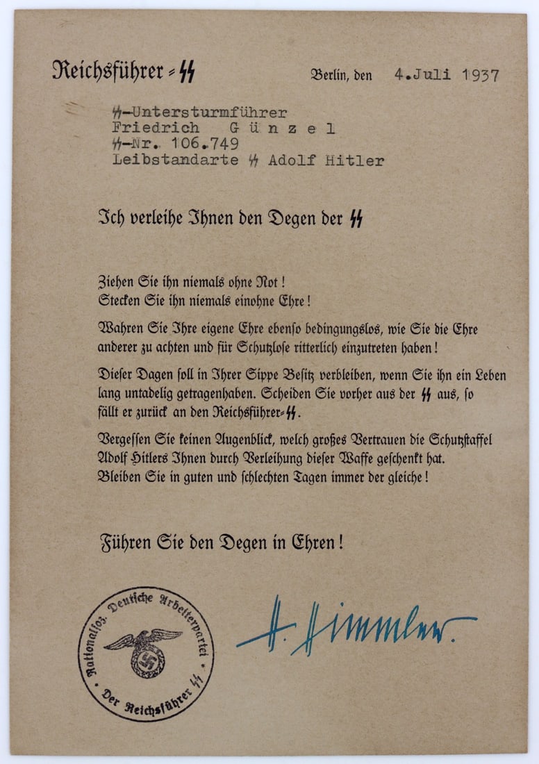 REICHSFUHRER HIMMLER SIGNED SS DAGGER CERTIFICATE: Himmler Facsimile signed dagger certificate. 1937 dated.