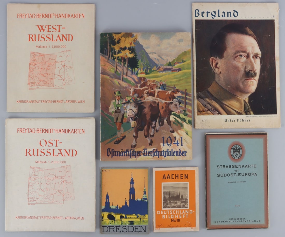 LOT OF WWII GERMAN THIRD REICH MAPS & TRAVEL BOOKS: Series of maps and travel books from the Third Reich. Southwest Europe, Eastern Russia, Western Russia, Dresden, and Aachen represented. Very good, original condition.