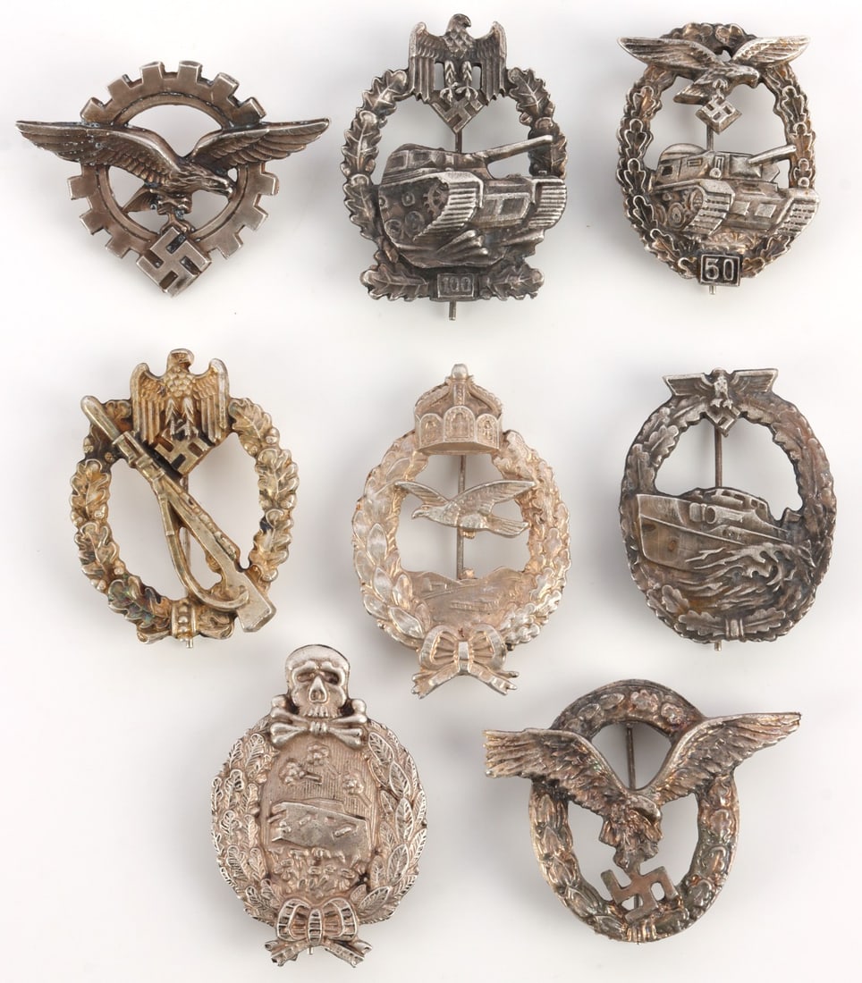 LOT OF 8 GERMAN WWII BADGES LUFTWAFFE KRIEGSMARINE: Lot of EIGHT (8). Includes: Luftwaffe pilot, Luftwaffe tank assault (50 assaults), Luftwaffe tank assault (100 assaults), Army infantry assault, Luftwaffe civilian technician (missing screwback stoppe
