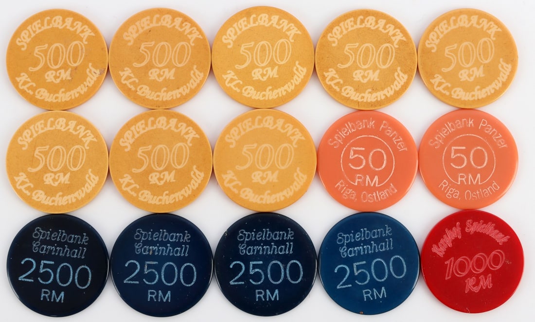 LOT OF 15 WWII GERMAN THIRD REICH SPIELBANK CHIPS: Selection of FIFTEEN (15) Third Reich spielbank (casino) chips. Represented on the chips are a variety of Reich groups, locales, and camps. Unauthenticated, sold "as is." This lot has a reserve.