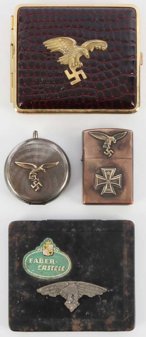 LOT OF 4 WWII GERMAN THIRD REICH PERSONAL EFFECTS: Lot of FOUR (4) personal items displaying symbols associated with the Third Reich. Includes: 1) Luftwaffe cigarette case. 2) Luftwaffe pastels case. 3) Luftwaffe ashtray. 4) Luftwaffe lighter. All una
