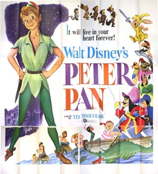 ORIGINAL DISNEY 6 SHEET MOVIE LITHOGRAPH PETER PAN: Stamped on the back of one of the four segments "Peter Pan 6 sheet 84 x 84 69/138". This large movie lithograph from the Disney movie Peter Pan appears original and in excellent condition. Near bottom