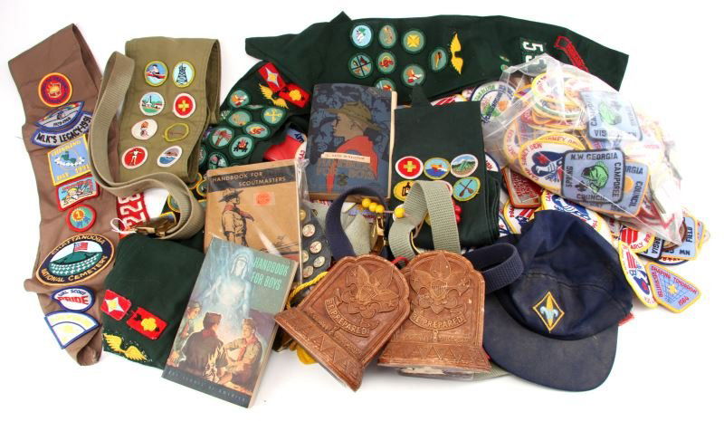 BOY SCOUT COLLECTABLE LOT BOOKS PATCH SASH & MORE: Ex dealer stock of vintage and antique items, includes, 1940'S handbook for Scout Masters, girl scout mess utensils, two Hand Book For Boys, merit badge sashes both Girl and Boy Scout, Boy Scout belts