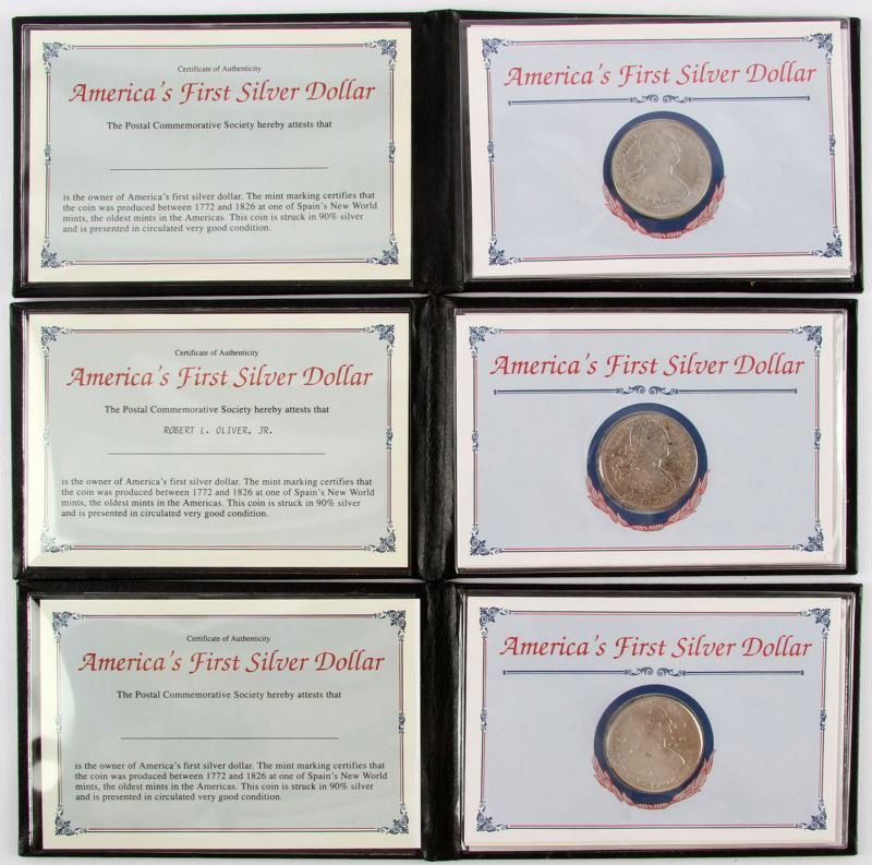 AMERICAS FIRST SILVER DOLLAR 8 REALE LOT OF THREE: Three silver authentic 8 Reale coins, 1793 , 1791, and 1798 all have chop marks, some extensively, each has Mexico City Mint mark, COA on each coin by the Postal Commemorative Society.