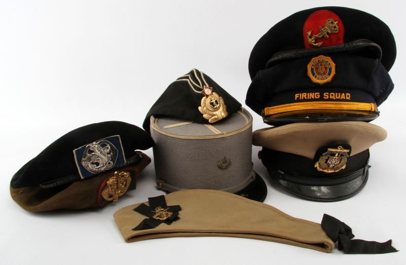 LOT OF WORLD MILITARY VISOR BERET OVERSEAS HAT: Includes vintage American legion Firing Squad visor, Dominican republic Naval visor, and others.