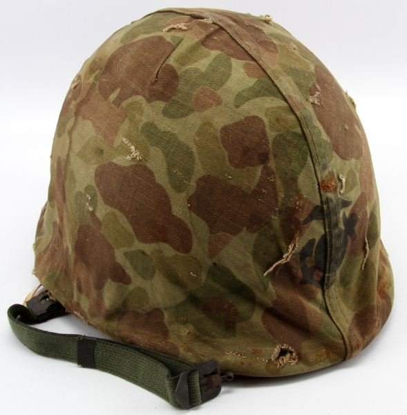 WWII M-1 HELMET LINER & USMC EGA STENCILED COVER: Helmet is a swivel bail, two prong chinstrap, rear center seam, a small crack visible on close inspection extends up the rear of the helmet about an inch otherwise the helmet is very good, the cover i