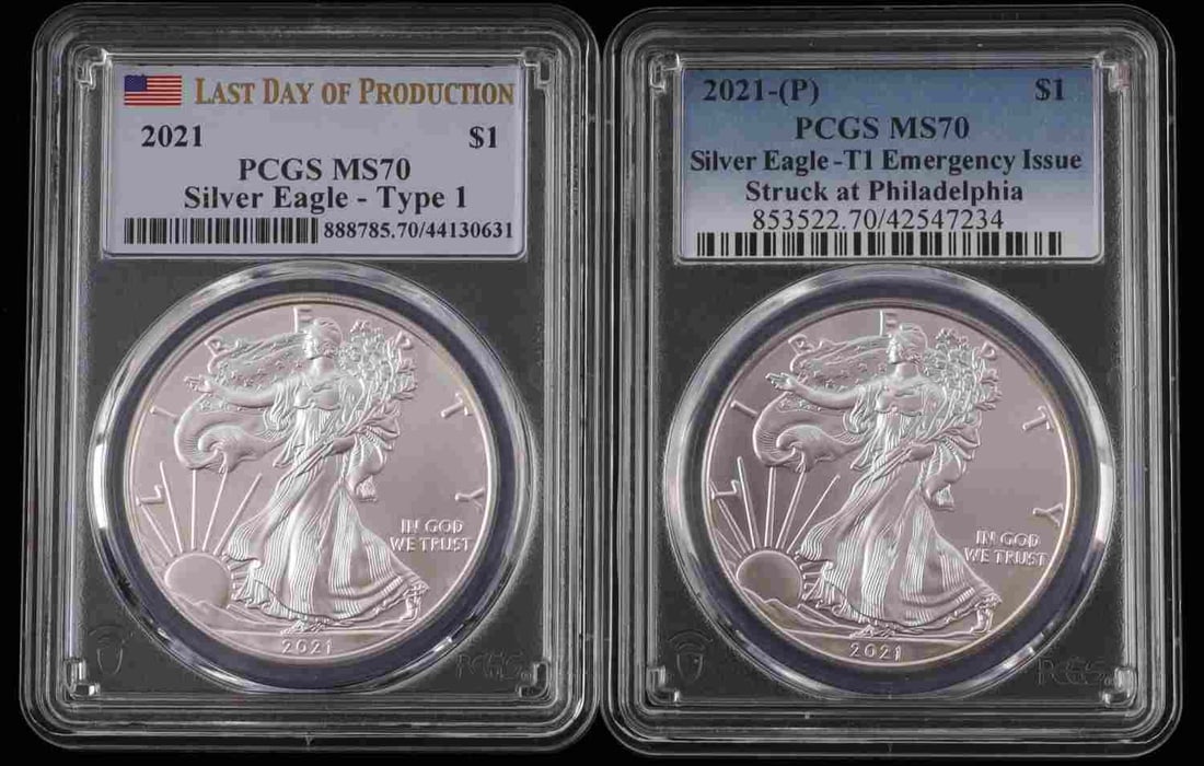 2 2021 PCGS MS70 TYPE 1 SILVER AMERICAN EAGLE COIN: Emergency issue, last day of production, Philadelphia mint. PCGS Encapsulated. This lot reserved at melt.
