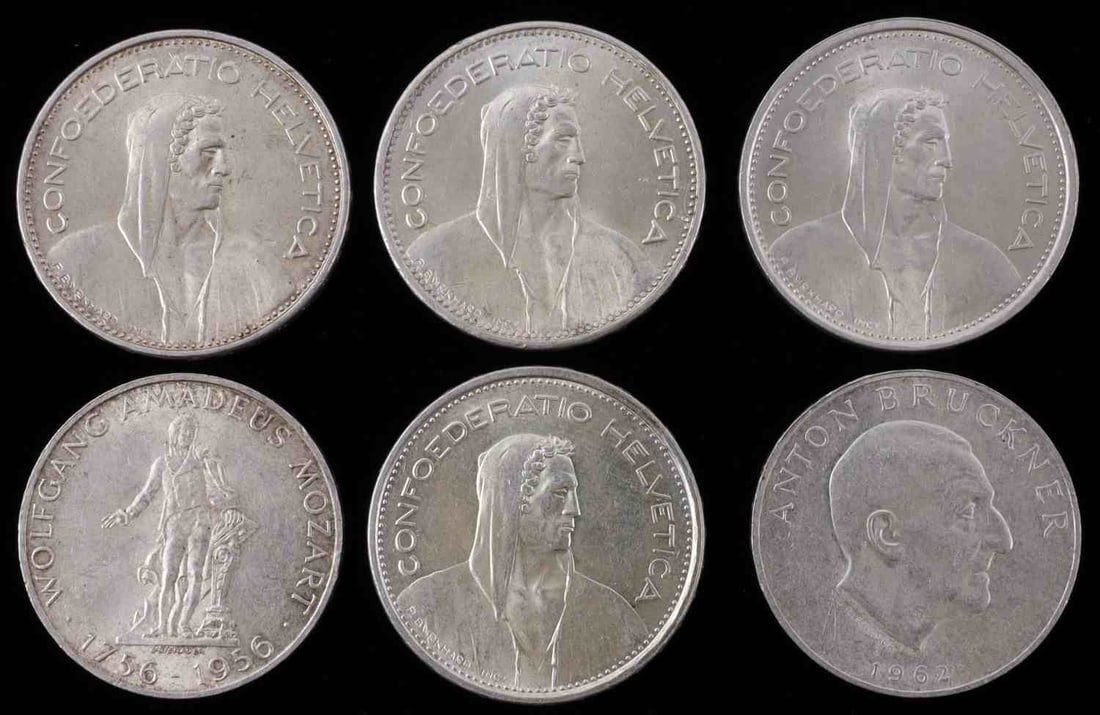 AUSTRIA SWITZERLAND 25 SCHILLING 5 FR. SILVER COIN: 1960'S Dates, all XF or better1956 Schilling is more circulated. This lot reserved at melt.