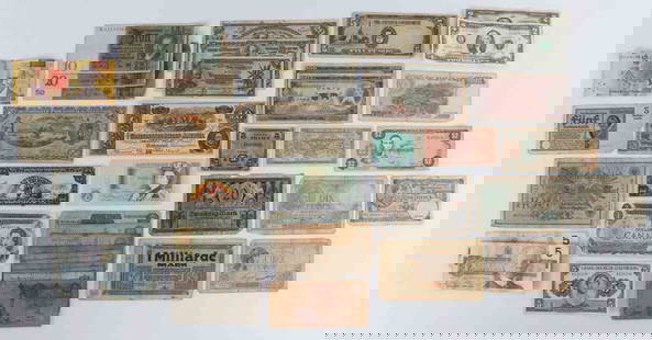 39 PIECES OF U.S. & WORLD CURRENCY BANKNOTE LOT: Mostly circulated banknote lot. Confederate note is not authentic, West Indies bills are not authentic. Big variety of currency.