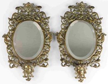 2 ANTIQUE BRASS FIGURAL WALL SCONCE MIRROR